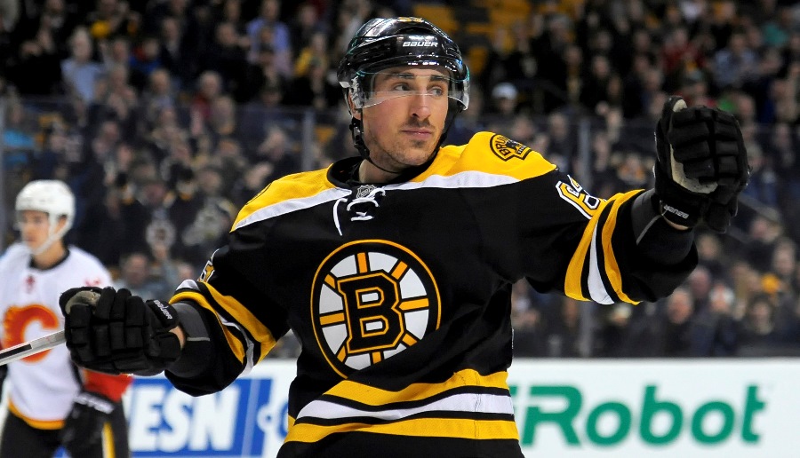 Mar 5, 2015; Boston, MA, USA; Boston Bruins left wing Brad Marchand (63) reacts after scoring a goal during the first period against the Calgary Flames at TD Banknorth Garden. Mandatory Credit: Bob DeChiara-USA TODAY Sports